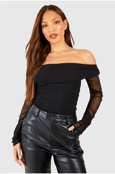 Tall Off The Shoulder Mesh Bodysuit - black