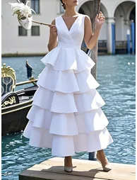 A-Line High Waisted Layered Solid Color V-Neck Maxi Dresses