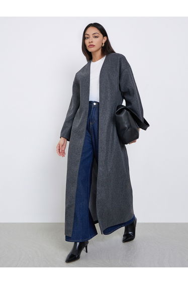 Grey Wool Look Open Front Abaya