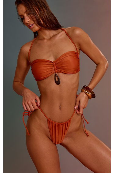 Rust Plaited Wood Ring Detail Ruched Bikini Top