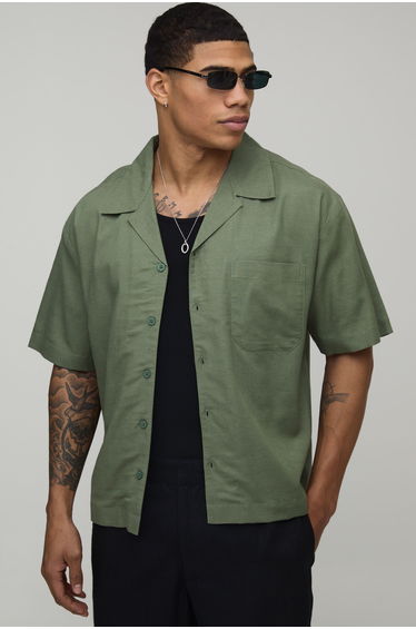 Oversized Boxy Fit Short Sleeve Linen Blend Shirt - olive