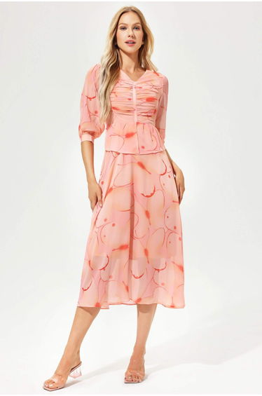 Lilian Printed V-Neck Pleated Midi Dress