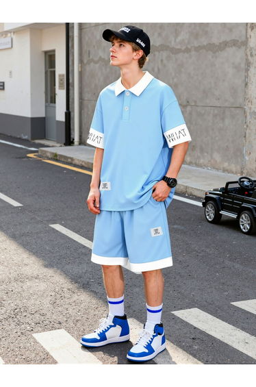 Men Text Print Short Sleeve Polo and Shorts Set