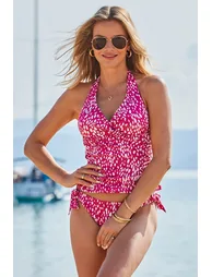 Pink Fleck Print Twist Detail Halter Neck Tankini Top - 1