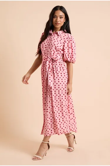 Petite Pink Spot Petite Belted Puff Sleeve Shirt Dress