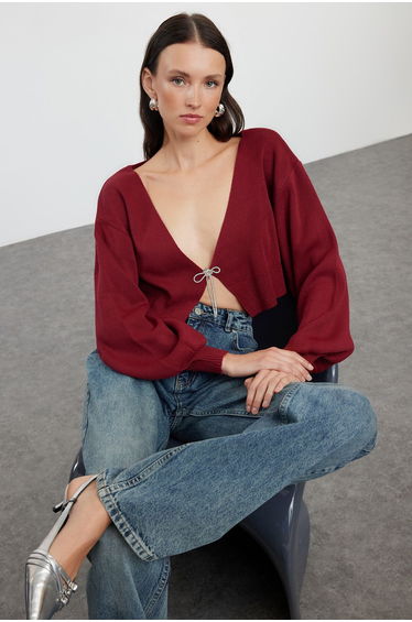 Claret Red Super Crop Basic Knitwear Cardigan