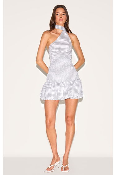 Grey Gingham Shirred Puffball Mini Dress