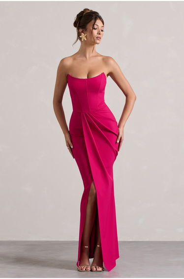 Brigitte | Hot Pink Strapless Corset Wrap Maxi Dress