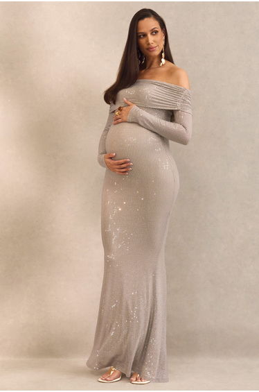 Pomeline | Champagne Hotfix Bardot-Neck Maternity Maxi Dress