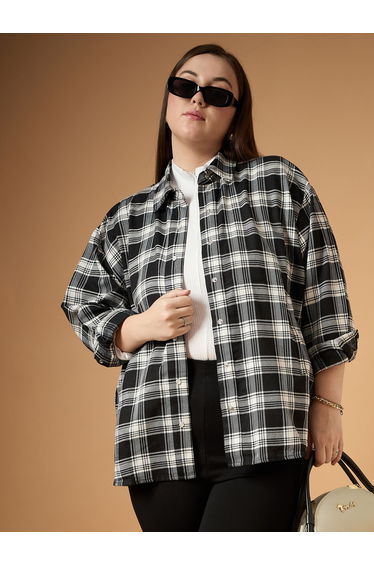 Plus Size Flannel Checked Regular Fit Buttoned Shacket