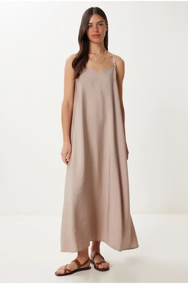 Women's Beige Strappy Basic Summer Modal Dress
