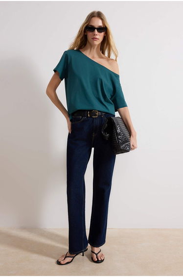 Emerald Green 100% Cotton Oversized /Wide Fit Boat Neck Knitted T-Shirt