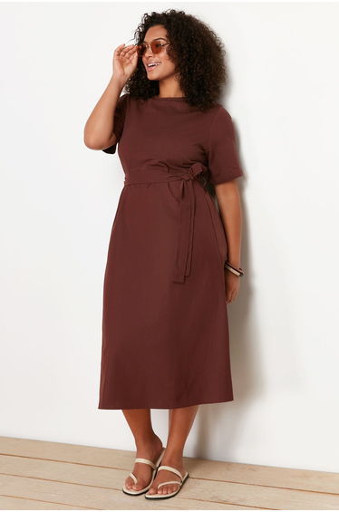 Trendyol Curve Plus Brown A-Line Midi T-Shirt Dress