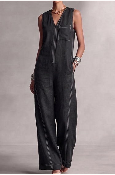 High Waisted Sleeveless Contrast Color Pockets Zipper V-Neck Jumpsuits