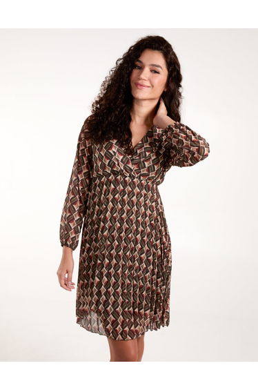 Geometric Print Wrap Front Pleated Dress