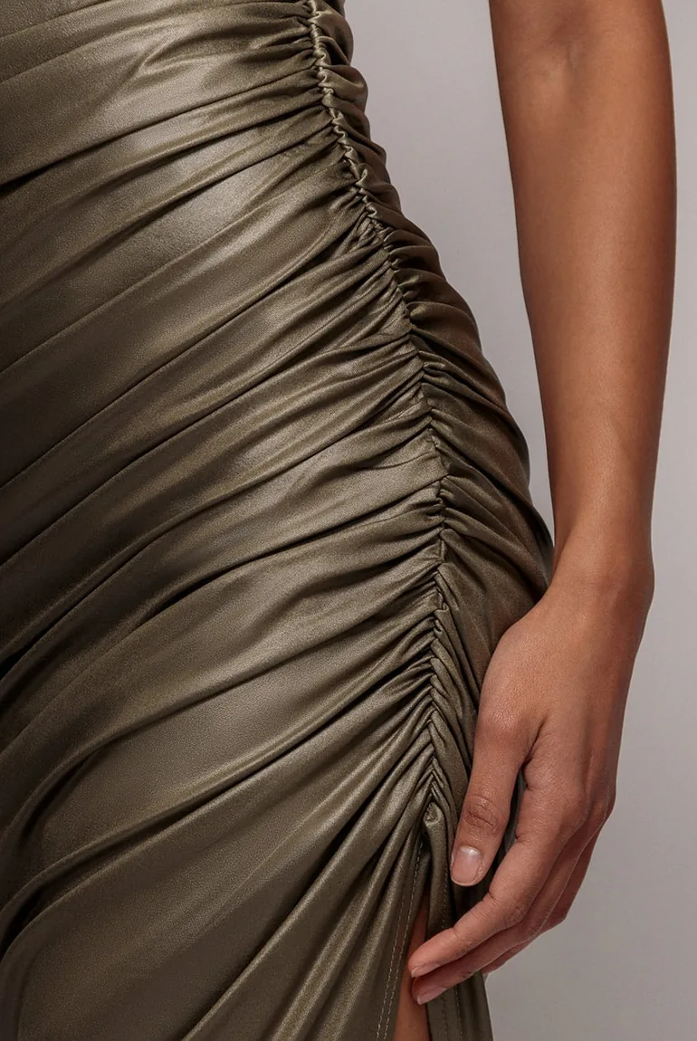 Bandeau Faux Leather Midi Dress - Khaki by Goddiva - 4