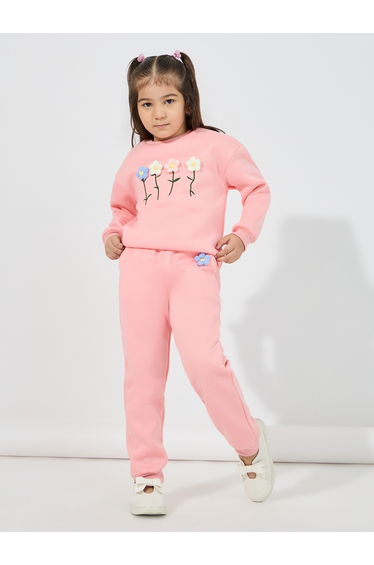 Embroidery Flower Applique Thermal Lined Sweatshirt and Joggers Set