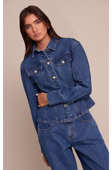 Dark Blue Long Sleeve Cinched Waist Denim Jacket