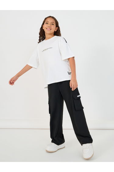 Slogan Print T-Shirt with Patch Work Detail and Crago Pants Co-Ords