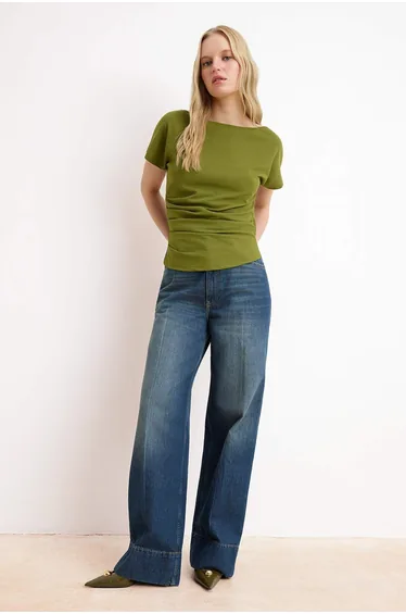 Oil Green Fitted/Bodycon Boat Neck Low Shoulder Short Sleeve Scuba Crepe Knitted Blouse