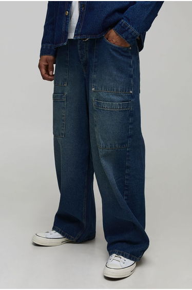 Baggy Fit Washed Panelled Hardware Jeans - vintage blue