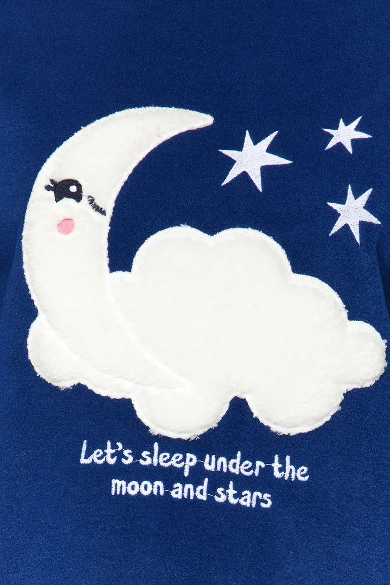 Navy Blue Galaxy Pattern Fleece Tshirt-Pants and Knitted Pajamas Set - 3