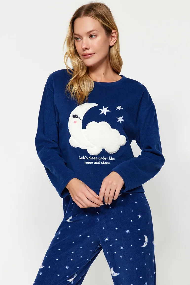 Navy Blue Galaxy Pattern Fleece Tshirt-Pants and Knitted Pajamas Set - 1