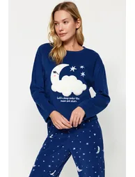 Navy Blue Galaxy Pattern Fleece Tshirt-Pants and Knitted Pajamas Set - 1