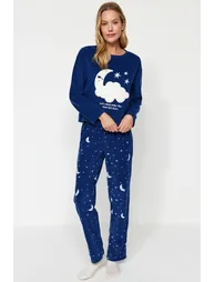 Navy Blue Galaxy Pattern Fleece Tshirt-Pants and Knitted Pajamas Set - 2