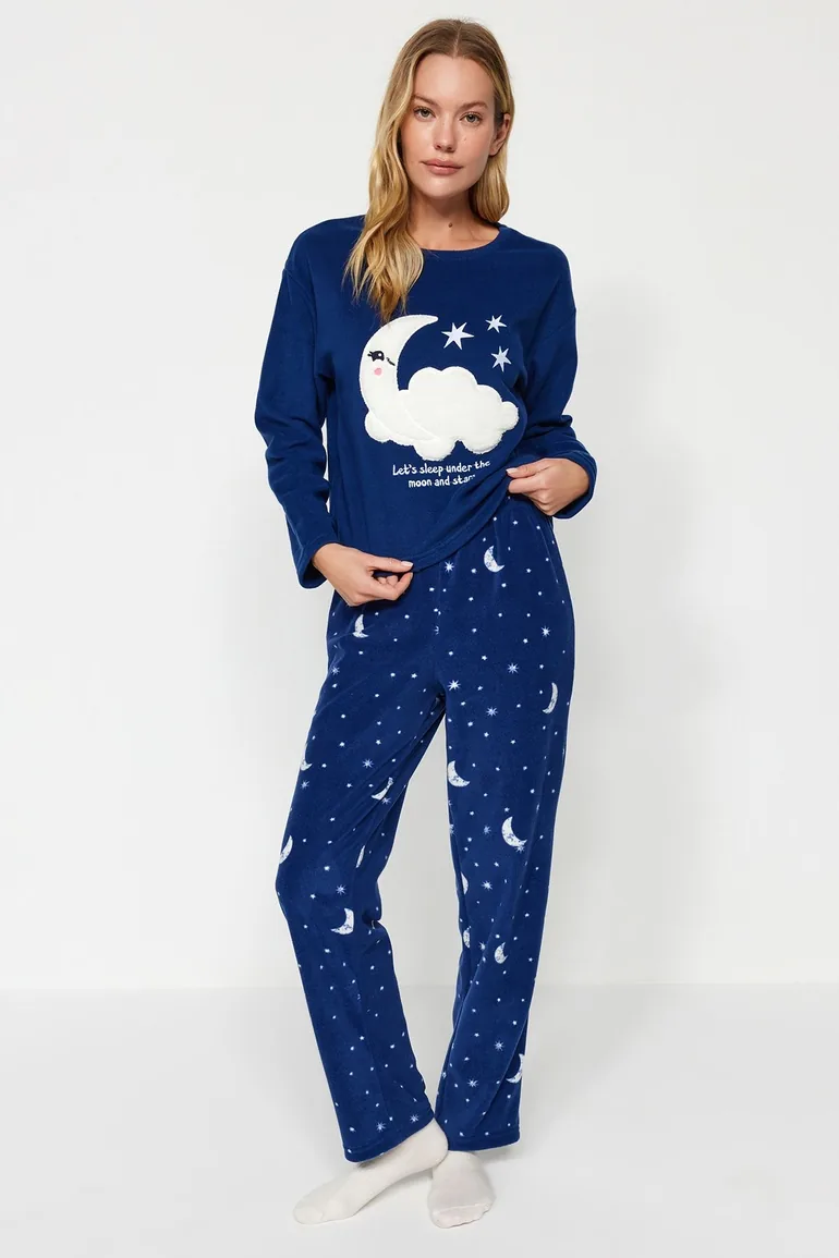 Navy Blue Galaxy Pattern Fleece Tshirt-Pants and Knitted Pajamas Set