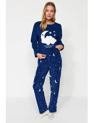 Navy Blue Galaxy Pattern Fleece Tshirt-Pants and Knitted Pajamas Set