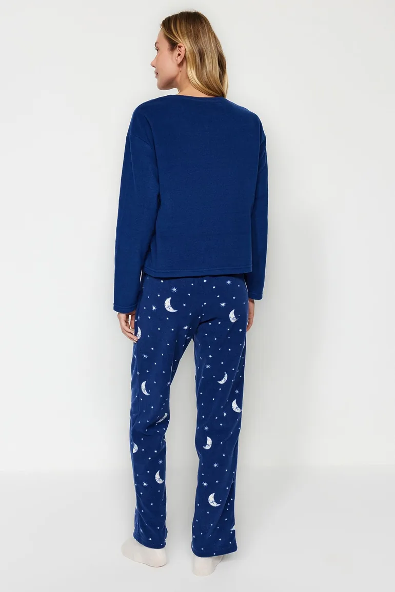 Navy Blue Galaxy Pattern Fleece Tshirt-Pants and Knitted Pajamas Set - 5
