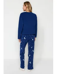 Navy Blue Galaxy Pattern Fleece Tshirt-Pants and Knitted Pajamas Set - 5