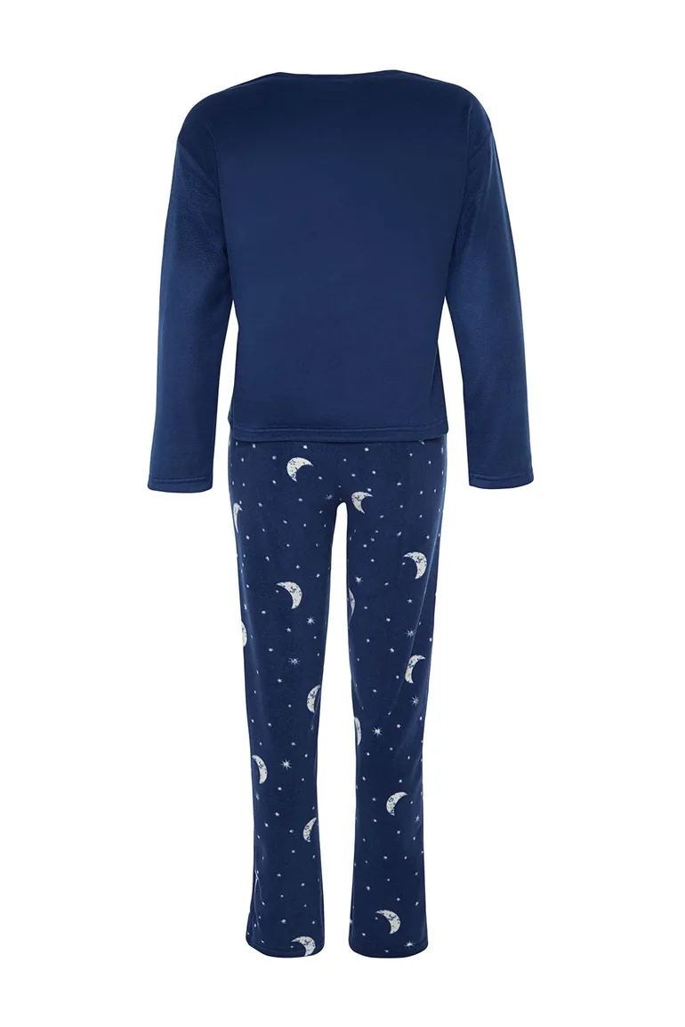 Navy Blue Galaxy Pattern Fleece Tshirt-Pants and Knitted Pajamas Set - 7