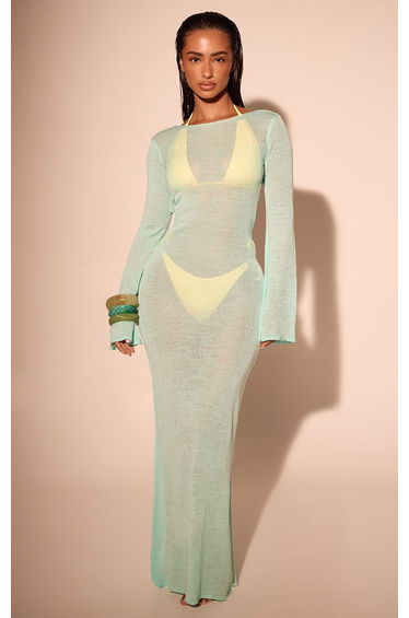 Bright Blue Filigree Knit Backless Maxi Beach Dress