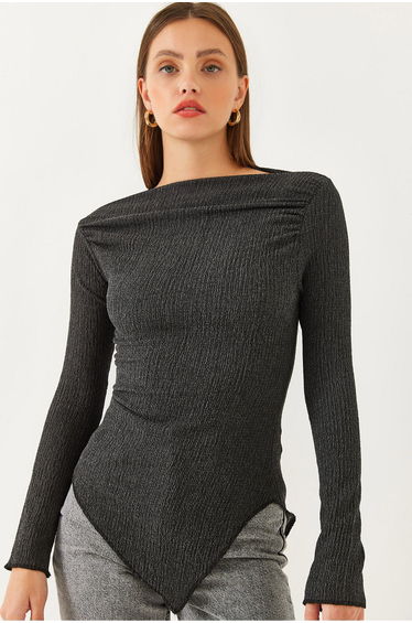Women's Draped Boat Neck Asymmetrical Knitted Sweater