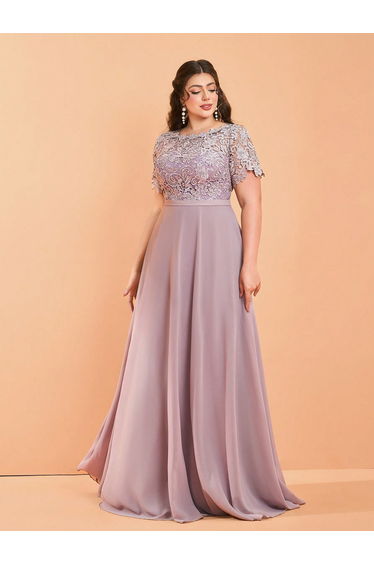 Leely Plus Women's Elegant Round Neck Short Sleeve Party Dresses