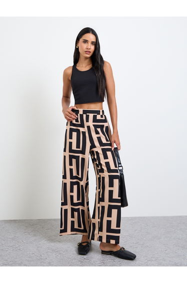 Beige Geometric Print Wide Leg Pants