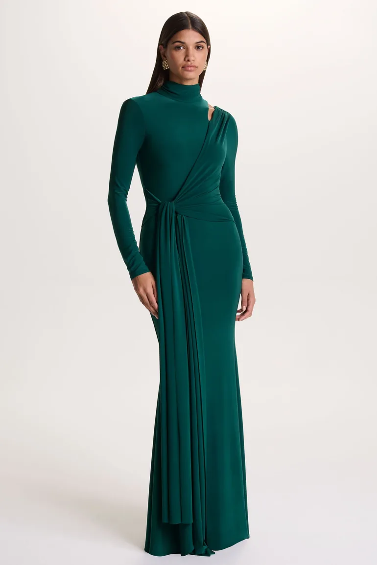 Alastrina | Dark Green High-Neck Maxi Dress With Gathered-Detailing
