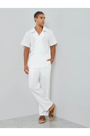 Men Textured Wrap Front Shirt and Pants Set