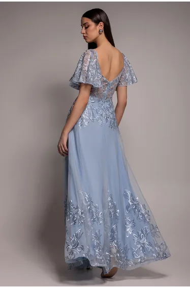 Goddiva Lace Flutter Sleeve Embroidered Mesh A-Line Maxi Dress