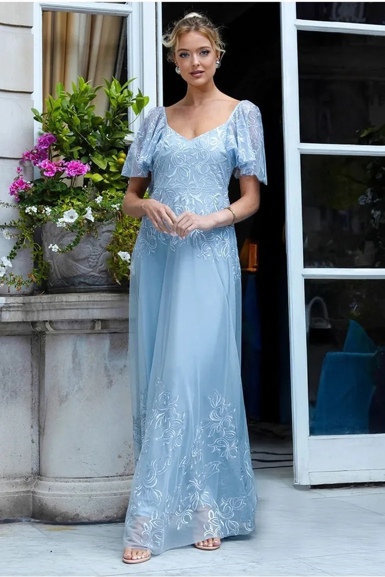 Goddiva Lace Flutter Sleeve Embroidered Mesh A-Line Maxi Dress Goddiva Blue  : Premium Dresses : VogaCloset Bahrain