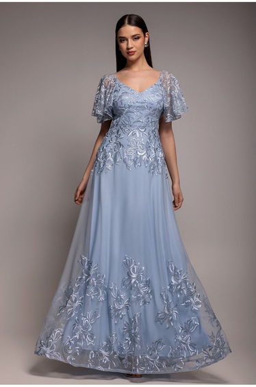Goddiva Lace Flutter Sleeve Embroidered Mesh A-Line Maxi Dress