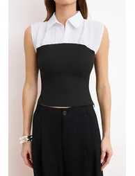 Black Shirt Detailed Woven Blouse - 2