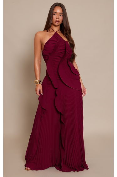 Burgundy Pleated Frill Halterneck Maxi Dress