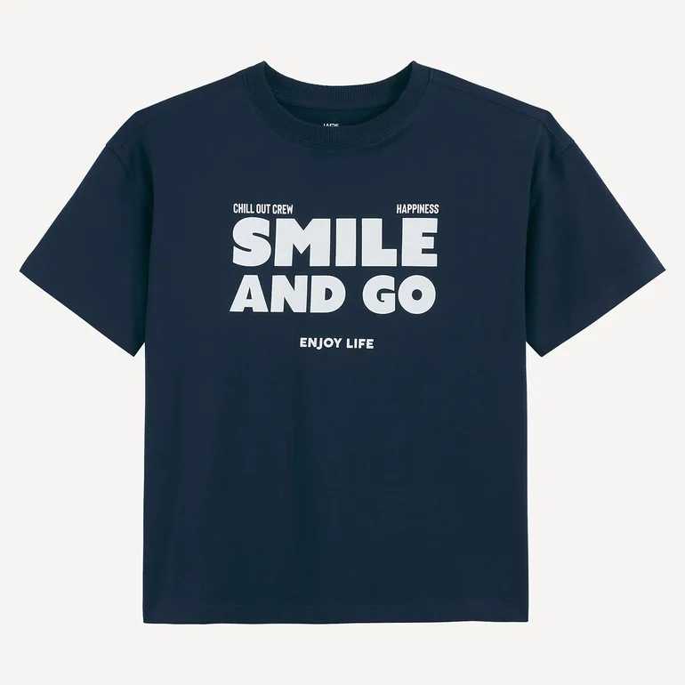 Slogan Print T-Shirt with Short Sleeves - 1
