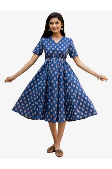 Women Blue Floral Print A-Line Midi Dress