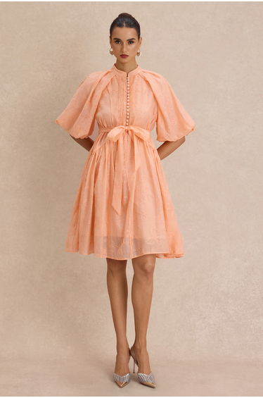 Embroidered Rhinestone Puff Sleeve Mini Dress