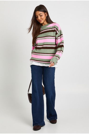 Stripe Knitted Oversized Crew Neck Jumper - pink