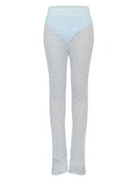 Pale Blue Mesh Textured High Waisted Knicker Flare Trousers - 3